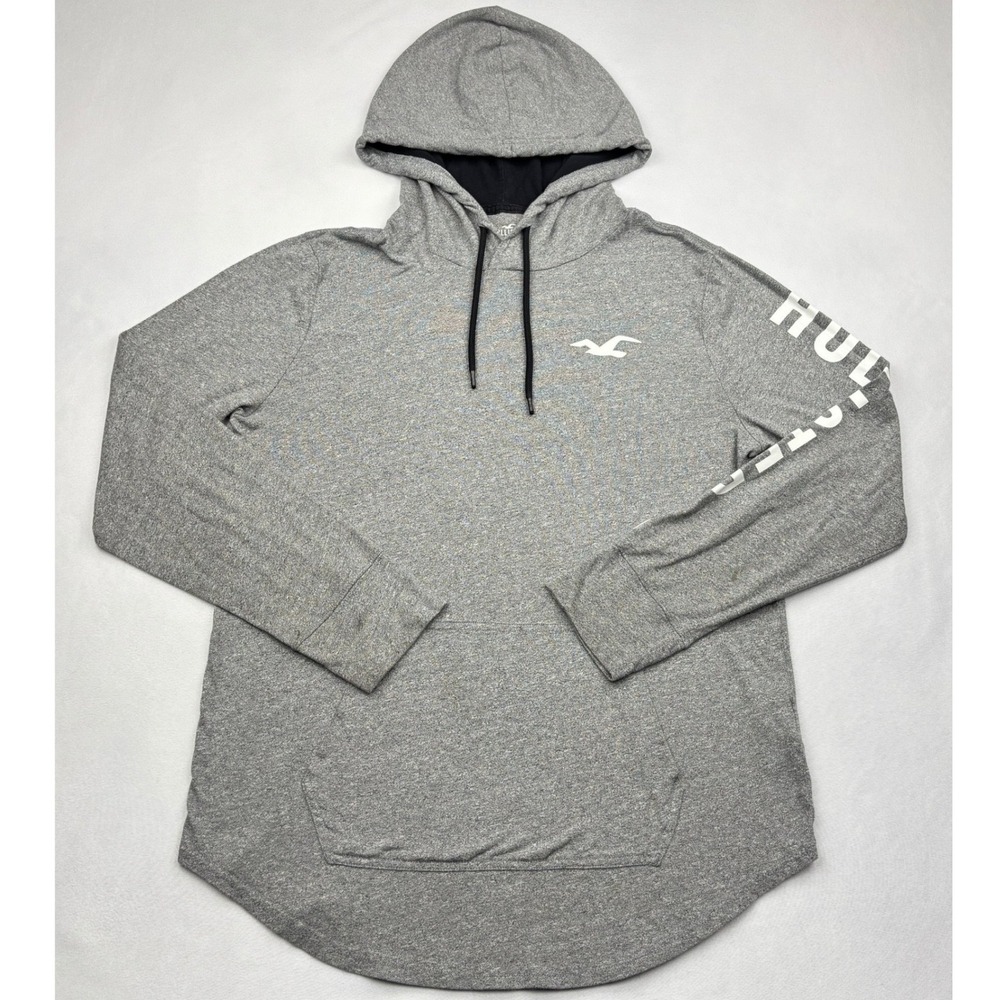 Hollister Hoodie Mens Medium Gray Graphic Long Sleeve Curved Hem T Shirt Tee M